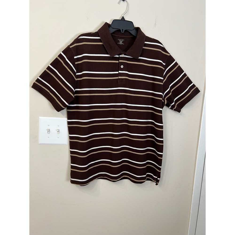 St Johns Bay Heritage Polo Shirt Mens XL Brown Striped Short Sleeve Cotton Pique
